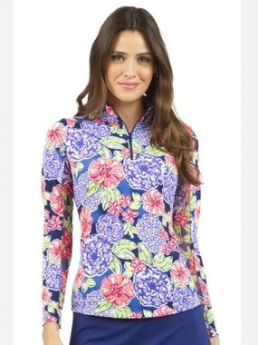 IBKUL Larisa Floral UPF 50+ Golf Top 1/4 zip Mock Neck Long Sleeve Small Preppy
